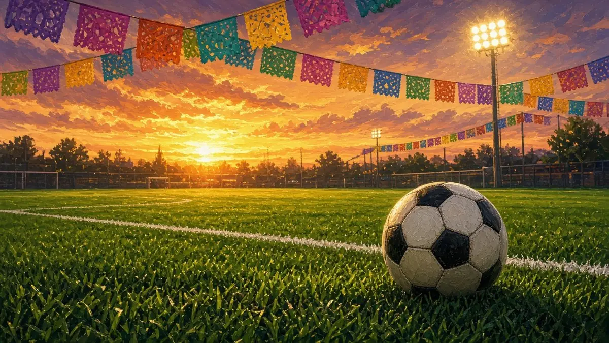 Illustration of a soccer field at night with stadium lights